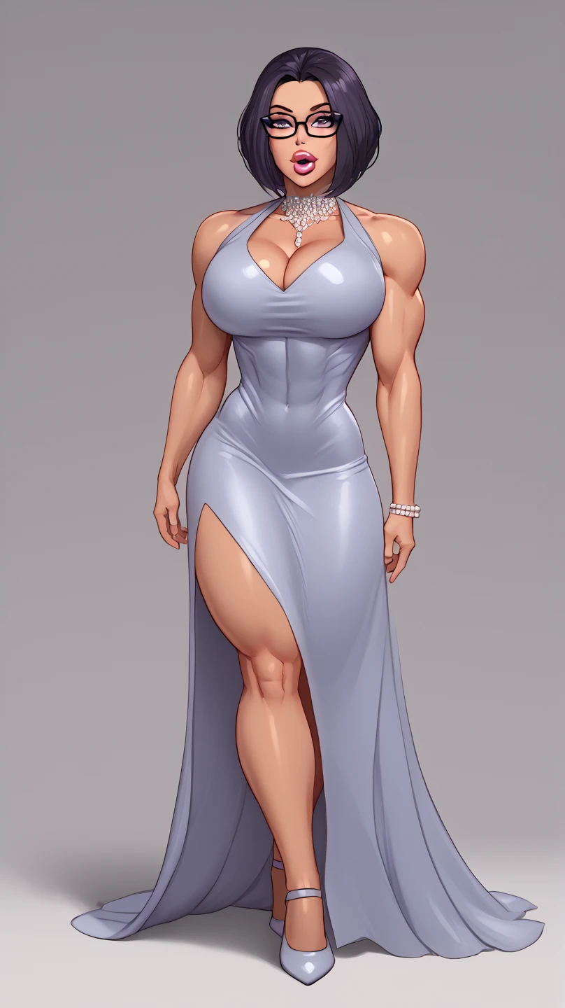 (((SFW))), (Fullbody view), hypermuscular 29 yo woman, perfectly trained ((muscular body)), very impressive bulky musculature, short raven-black straight hair, pale skin, glasses, graceful and feminine, very large full lips with silicon lip fillers, enormously large lips, large wide mouth, beautiful elegant dress