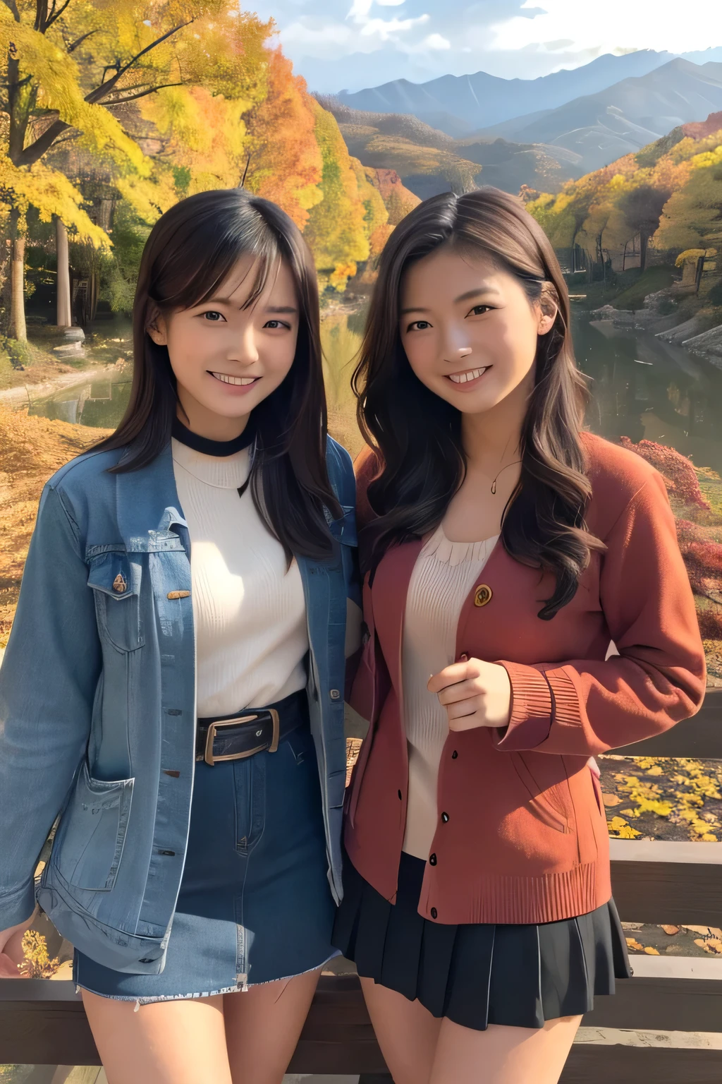 ((masterpiece)), japanese, ((two girls)), smiling, in autumn mountain,