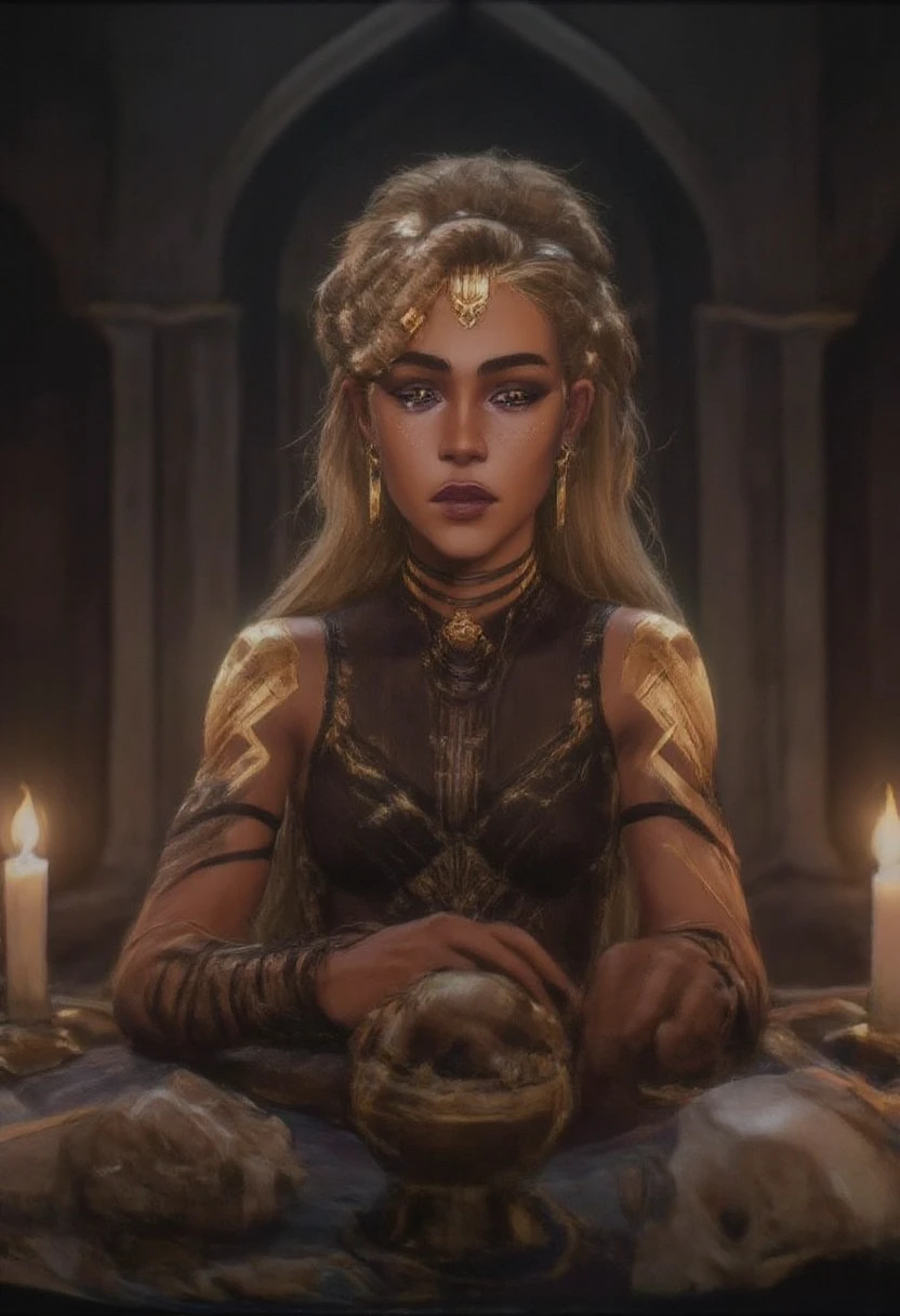 ((masterpiece, highest quality, Highest image quality, High resolution, photorealistic, Raw photo, 8K)), Tarot Cards, Tolkien, Middle Earth, (masterpiece:1.2), (best quality,:1.2), 8k, highly detailed, hyperrealistic, cinematic lighting, ambient lighting, Bridgette, as fortune teller, long, messy blond hair, earrings, choker, necklace, jewelry, rings, dark lipstick, dark makeup, circlet, sitting behind! a table, one! fortune teller orb on the table, one! skull on the table, candles, in a small dark medieval room, looking at viewert,
