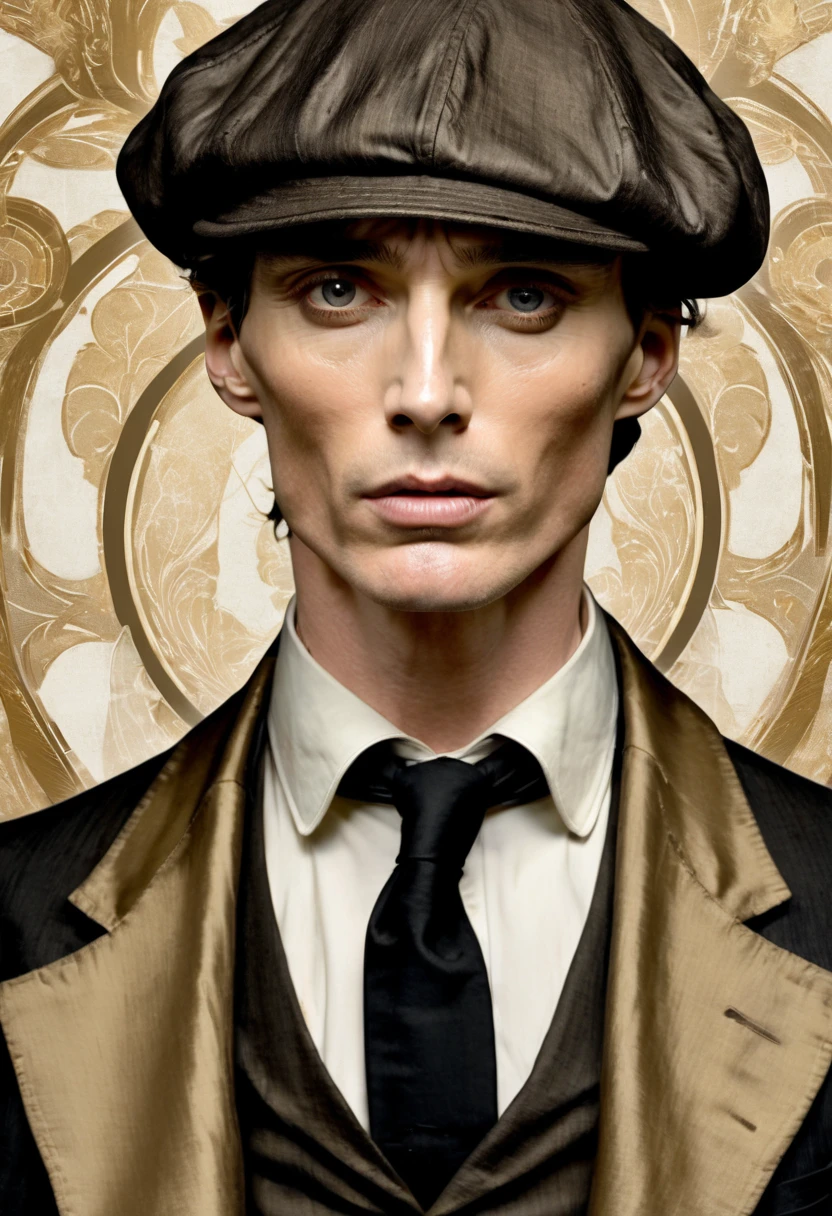 Cillian Murphy,apariencia ruda, and sharp intensity of Cillian Murphy's face.ccxl-mucha, Tomás shelby Art style, gold and wite, retrato,elegant style 1920,Wearing a vintage flat cap with a textured fabric color blak opaco, Tomás shelby obstrullendo un poco su mirada,adding a touch of classic British style.mirada de enojo,genera miedo su mirada,psicopata,rude Tomás shelby 