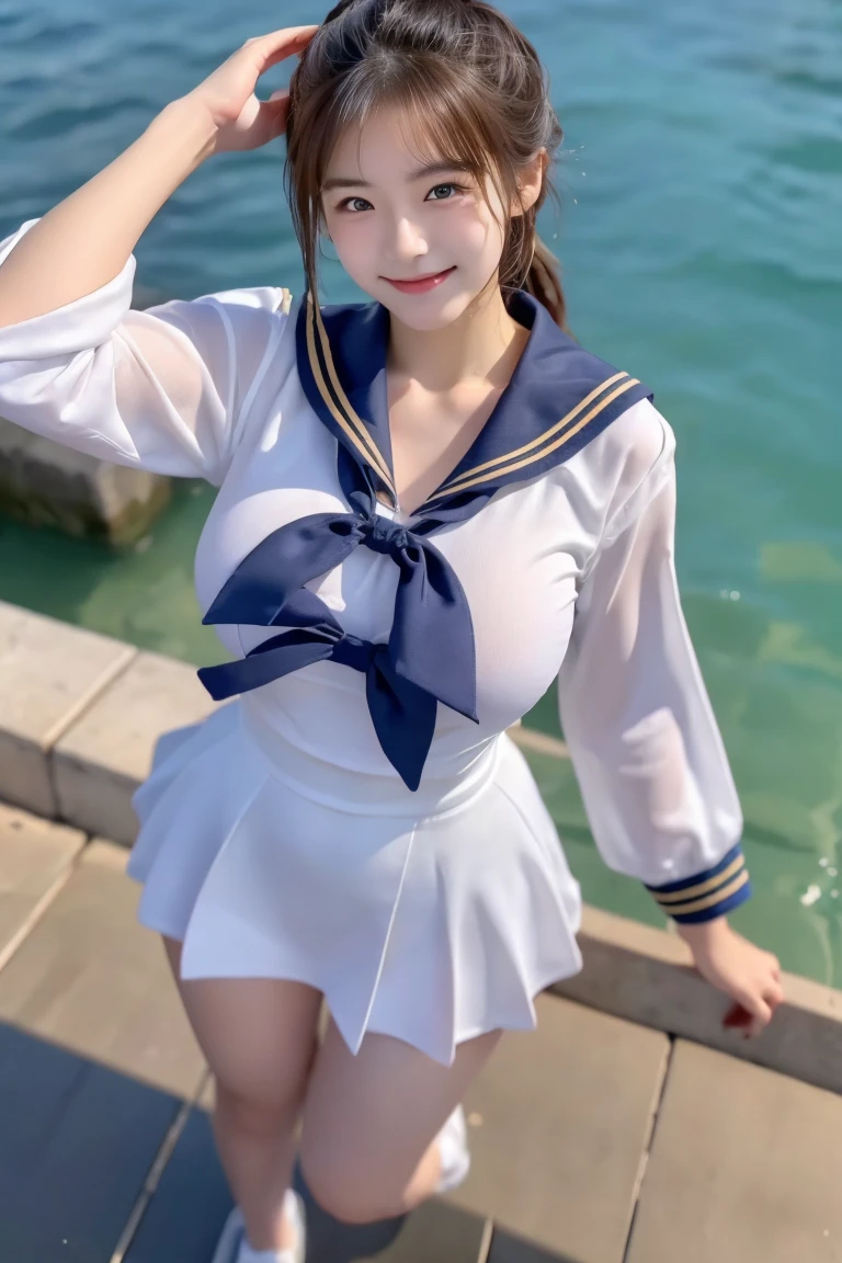 Spread legs,Seductive、Immoral、(35 year old:1.3)、(A MILF:1.3)realisticlying、Realistic、 a digital rendering,, Beautiful crouch, at sea, a hyperrealistic schoolgirl, [ 4 k digital art ],Photo of Pretty Japanese woman,(a small face:1.1)、Cosplayer Photos、(Sheer sailor suit:1.3)、Open legs、White panty、Angle from the front