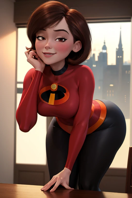 high quality, masterpiece, best quality, helenparr, 3d, 3d character, disney character, the incredibles, helen parr, looking at viewer, closed smile, brown hair, brown eyes, mature female, revealing clothes, forced smile, standing, blush, half-closed eyes, smile, empty eyes/no highlights (Leaning forward:1.5), Arms Down, ((Perfect Anatomy, beautifull detailed face, Beautiful detailed eyes, beautiful detailed hair, Beautiful detailed body)), thick outline, Beautiful outlines, black outlines, short hair, closed mouth, night, warm lighting, indoors