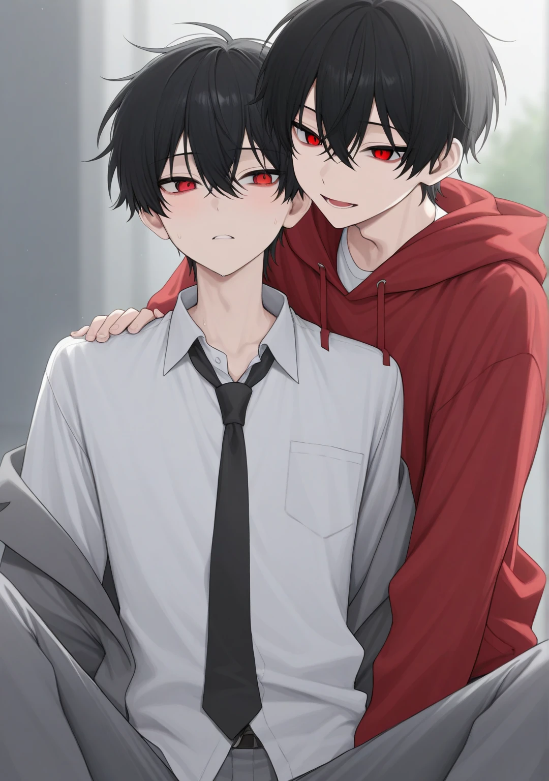 With black hair、 male high school students with red eyes 。Long, slender eyes 、 white shirts and loose black ties、I'm wearing a gray uniform over a red hoodie。