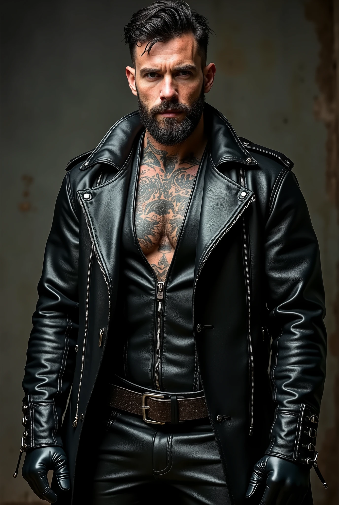 a aide view of a muscular man in a long black leather coat full of metal studs and the collar turned up covering the sides of his face, detailed facial features, extremely detailed muscular physique, chest hair, hairy chest, masculine tattoos, large penis, big cock, masive outline of bulging dong, fierce and intimidating expression, commanding pose, black mohawk, bearded face, clear and sharp lighting, photorealistic, cinematic, hyper-realistic, high quality, 8k, ultra-detailed, physically-based rendering, studio lighting