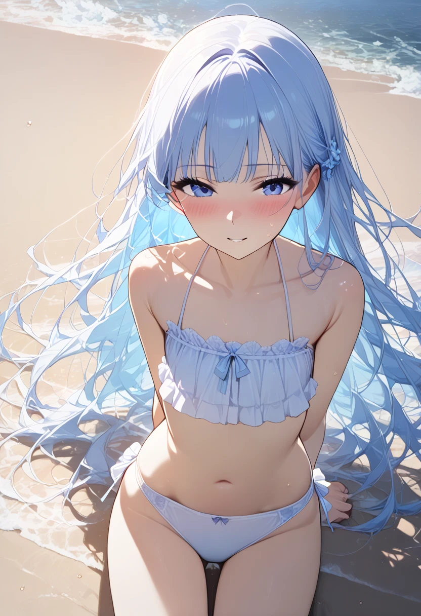 masterpiece, best quality, extremely detailed, (illustration, official art:1.1), 1 girl ,(((( light blue long hair)))), ,(((( light blue long hair)))),light blue hair, , long hair ((blush)) ,masterpiece, best quality,(((((a very delicate and beautiful girl))))),Amazing,beautiful detailed eyes,blunt bangs((((little delicate girl)))),(((tareme))),droopy eyes.(true beautiful:1.2), sense of depth,dynamic angle,,,, affectionate smile, (true beautiful:1.2),,(tiny 1girl model:1.2),)(flat chest), high res image,masterpiece,best quality, 1girl,solo,ponytail,short body, bikini,sweat, beach,outdoors,cowboy shot, lift own breasts, ,masterpiece,best quality,amazing quality, photo-realistic, gravure,(ecstasy:1.0),embarrassing,blush, ,(tareme:1),eyelash,beautiful eyes black long hair,straight hair, seductive pose,Rim Lighting, light and shadow,ray trace,strong backlit, tied bikini bottom, (looking down:1.2)
