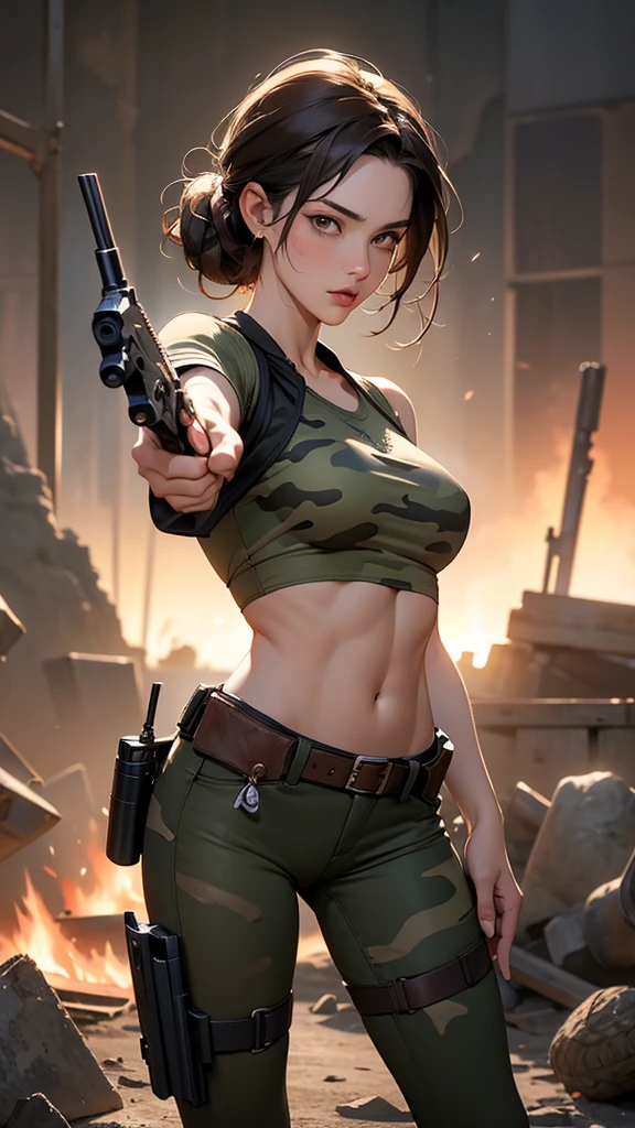 (action, dynamic composition with a sense of speed and dynamism, incredibly absurdres), Solo, female, beauty female treasure hunter ,27yo,  (Firing a hand gun , shooting:1.6),brown hair, shot updo, perfect beauty face, detailed eyes, athlete figure, abs, detailed skin texture, a camouflage top, a camouflage short pants with belt, gun holster, knife holster , nsfw, best quality, incredibly absurdres, RAW photo, extremely detailed, 8k CG, uncompromising description of art, perfect anatomy, anatomically correct rendering, realistic, photorealistic, treasure, ancient , background of a ruined temple in amazon ,treasure hunting ,