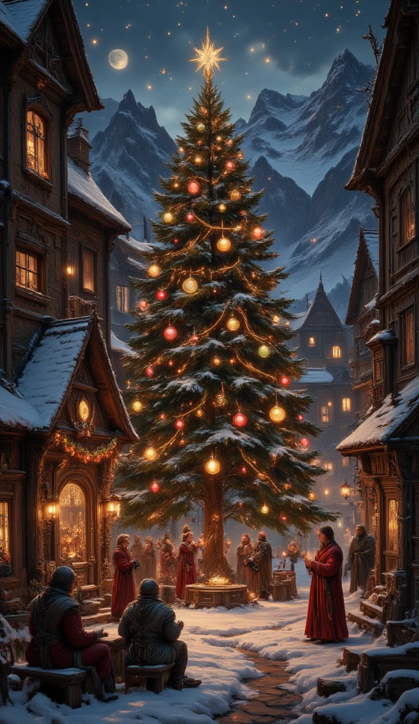 masterpiece, 8k, HDR, 3 D, best quality, photography, analog style, real life, extremely beautiful, (highly detailed, intricately detailed), An image of a large Christmas tree decorated with golden ribbons and bright, colorful balls. Around the tree, a ren's choir sings Christmas carols, every now and then, the melodious sound of bells resounds in the cold air - a cozy snowy village during the Christmas holidays. The streets are decorated with bright lights and garlands