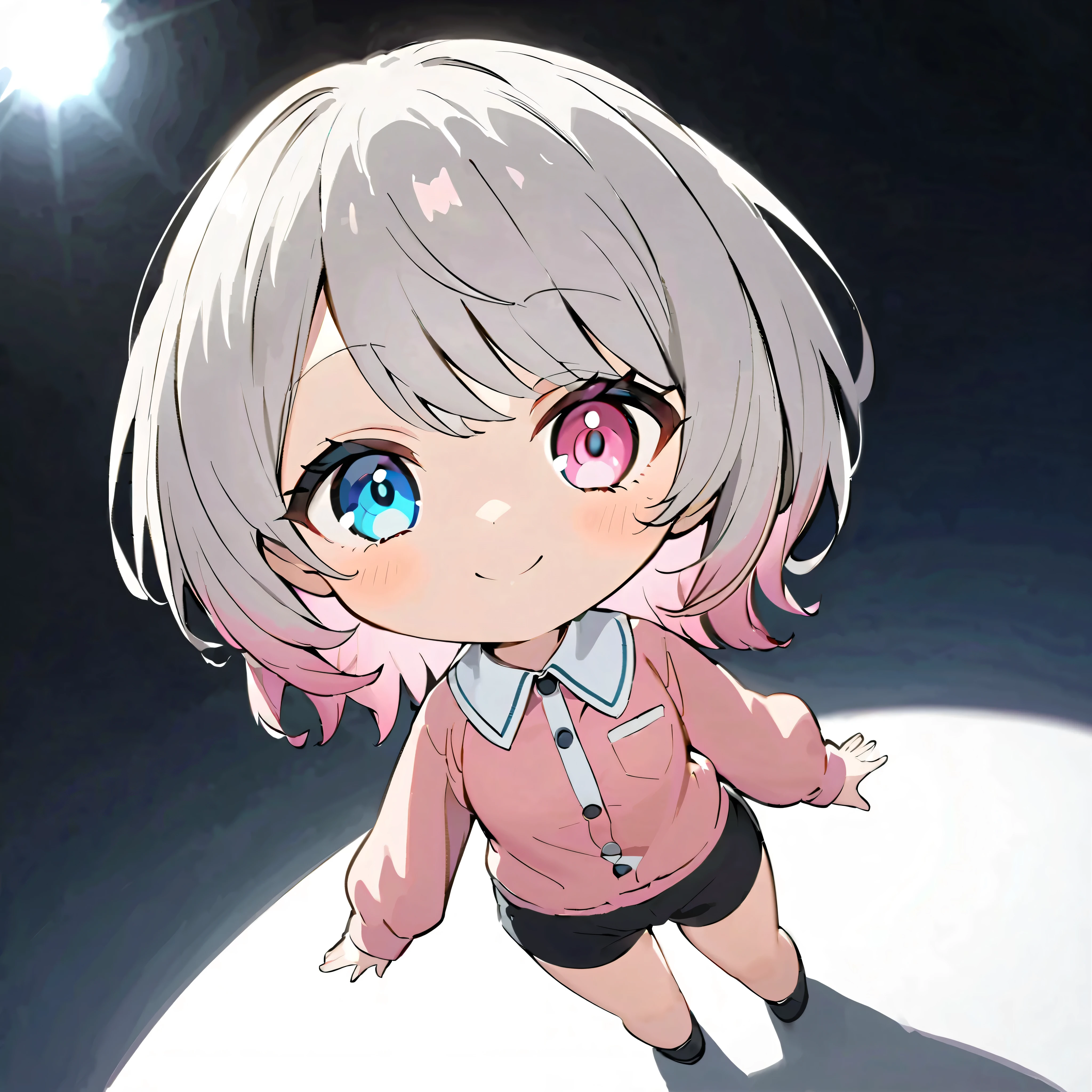  chibi, chibi, Nendoroid 、Embarrassed、smile、、asymmetry bangs, swept bangs.,{{{masterpiece}}}, {{{ top quality }}}, {{ ULTRA DETAIL}}, {beautiful detailed eye}, 1 girl, Alone, ((Gray Hair)),(bangs),   angle from above、  looks up, girl ,Midea,eye、  dynamic angle 、Gray Hair、 pink hair、Alone、  Shorthair、白い  Shorthair、 song、Idol、  Shorthair、  Shorthair 、  bob hair、、白く  Shorthair 、Pink hair with pink tips 、  Shorthairー、  long sleeve pink shirt with white collar、 pretty  girl、Detailed eye、Anime、  Shirogane Noel、Anime塗り、  odd-eye、 blue eye、  stage、 Black shorts、 adult older sister 、 simple background、,Alone、 1  girl、E art style  、 Light Shines In 、Beautiful Shadows、Alone、
