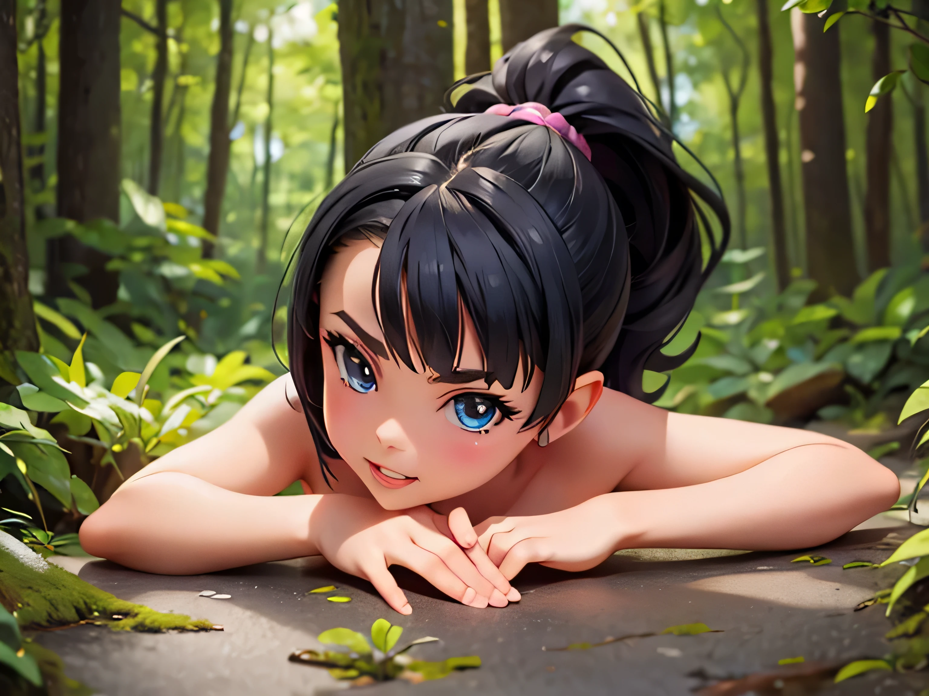 (((Very tiny 8year old Marnie's hand gently stroking a man's penis))), (((big lips))), (((thick lips))), dark blue eyes, short hair, black hair, teeth, wide mouth, (((tiny body))), open mouth,ponytail, ((nipple)), (((nude))), ((cunt)), ((cute smile)), (((crawling forward))), ((horror forest)), 