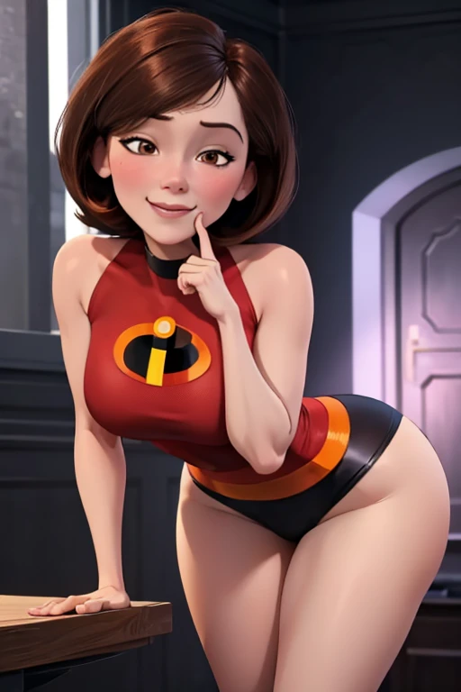 high quality, masterpiece, best quality, helenparr, 3d, 3d character, disney character, the incredibles, helen parr, looking at viewer, closed smile, brown hair, brown eyes, mature female, revealing clothes, forced smile, standing, blush, half-closed eyes, smile, empty eyes/no highlights (Leaning forward:1.5), Arms Down, ((Perfect Anatomy, beautifull detailed face, Beautiful detailed eyes, beautiful detailed hair, Beautiful detailed body)), thick outline, Beautiful outlines, black outlines, short hair, closed mouth, night, warm lighting, indoors