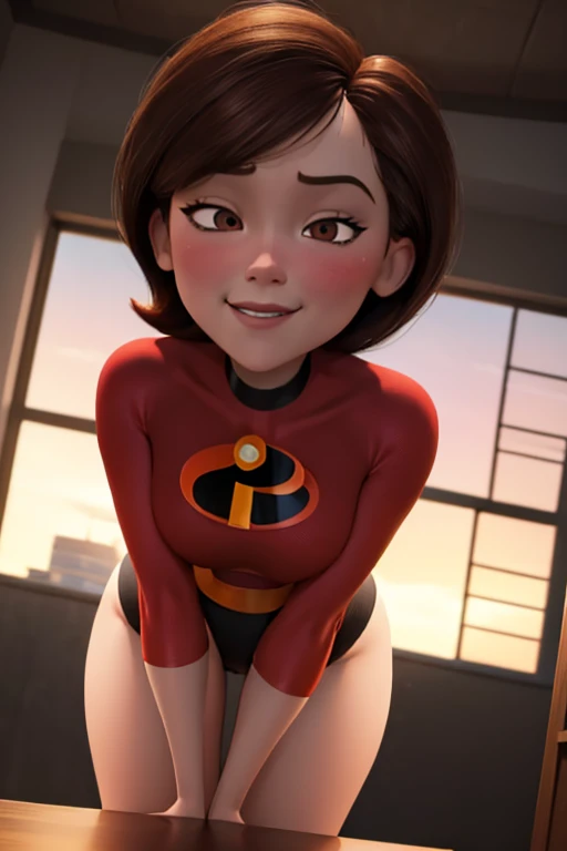 high quality, masterpiece, best quality, helenparr, 3d, 3d character, disney character, the incredibles, helen parr, looking at viewer, closed smile, brown hair, brown eyes, mature female, revealing clothes, forced smile, standing, blush, half-closed eyes, smile, empty eyes/no highlights (Leaning forward:1.5), Arms Down, ((Perfect Anatomy, beautifull detailed face, Beautiful detailed eyes, beautiful detailed hair, Beautiful detailed body)), thick outline, Beautiful outlines, black outlines, short hair, closed mouth, night, warm lighting, indoors