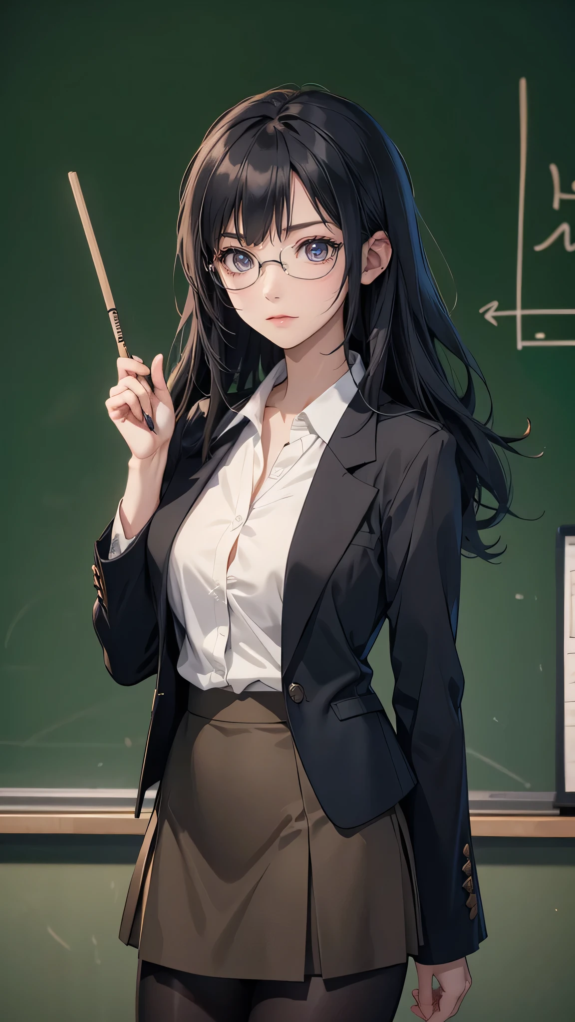 Anime style, sharp, high contrast and highly detailed. Ghibli anime style. Perfect anatomy. Perfect body ratio. No oversized head. No blurry, out of focus pictures. No simple background, no single color background
sadayo_kawakami is standing in a classroom in front of a blackboard. ( wearing dark blazer,  pencil skirt. Pantyhose, glasses), She is pointing to a formula written on the blackboard using a stick. She is a teacher teaching math class.