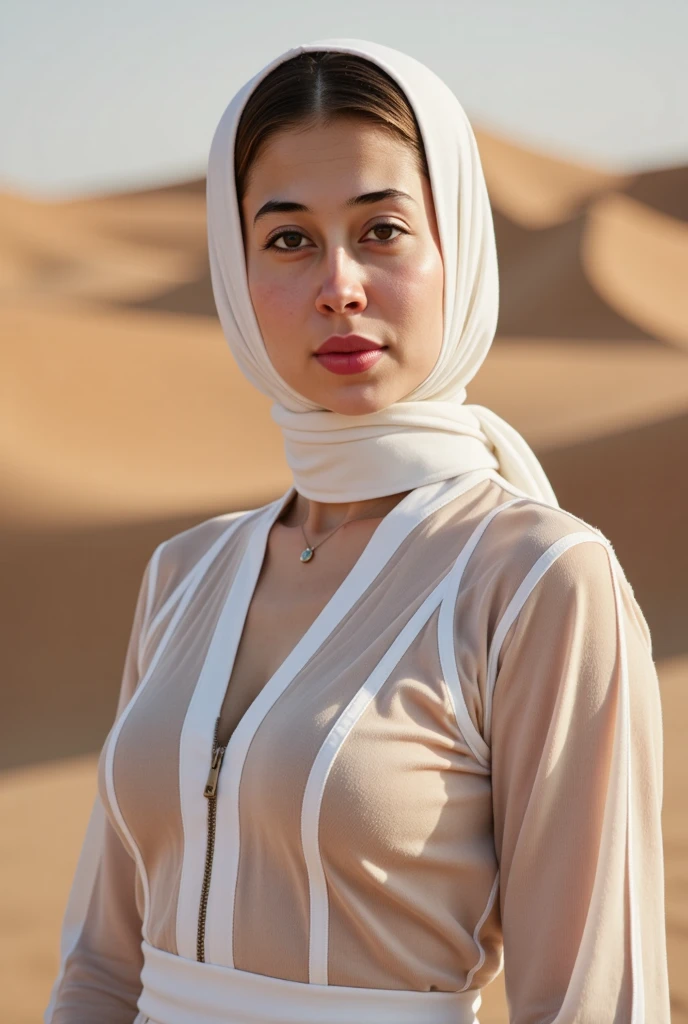 glowing white skin, beautiful face, veiled, Moroccan tribal theme, silver jewelry, ((crystal clear bright hazel eyes:1.2)), detailed eyes, beautiful masterpiece, UHD, 8K)), Depth of field, sand dunes, cleavage, large breasts, focus on eyes, breasts popping out, detailed skin, texture skin, sexy shoulders, golden hour, highly detailed skin, long eyelashes, black mascara, perfect face, sheer djellaba, long abaya, flowing, blowing, shimmering, bbw, curvy, iridescent
