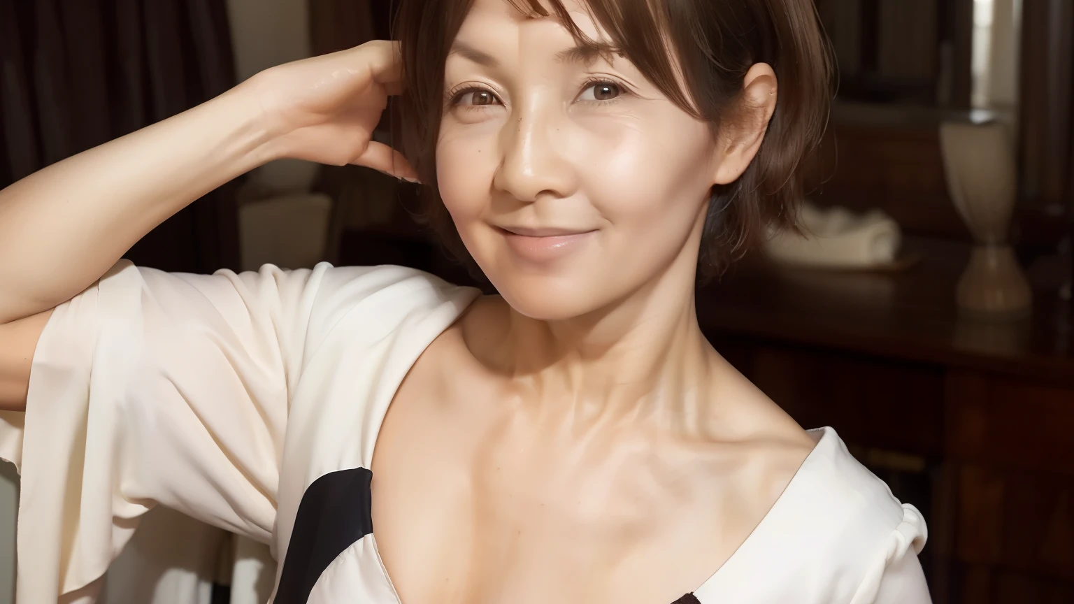 (( top quality )), ((8k)), ((masterpiece: 1.3)), ( perfect appearance ), ( Photorealism : 1.6), (JMA), (K), (bedroom: 1.2), (Sitting in front of a dresser ), (後ろ髪を掻き上げうなじを見せる Japanese mature), ( he is combing his hair on the back of his head with a hand comb.), (Rear View), ( at an oblique angle from behind ), ( portrait from chest ), (60 years old, Japanese mature), (( Realistic Skin Texture )), ( fine wrinkles all over skin ), (Dullness), ( facial wrinkles), ( wrinkles around eyes ), double eyelids in judo uniforms, Tear bags under the eyes , face slightly downward , smiles gently, close your eyes, (Short bangs), ( Shorthair), (Blonde), (Hand combed hair ), ( leaves little hair on neck ), (Show me your neck), (Nightgown),
