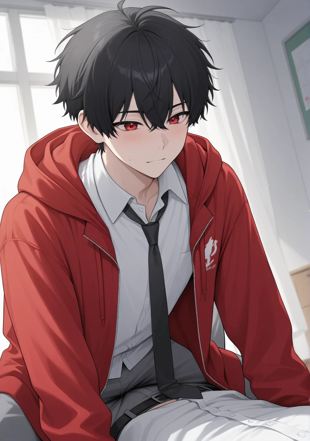 With black hair、 male high school students with red eyes 。 white shirts and loose black ties、Red hoodies layered on top 、 wearing gray uniforms on top 。