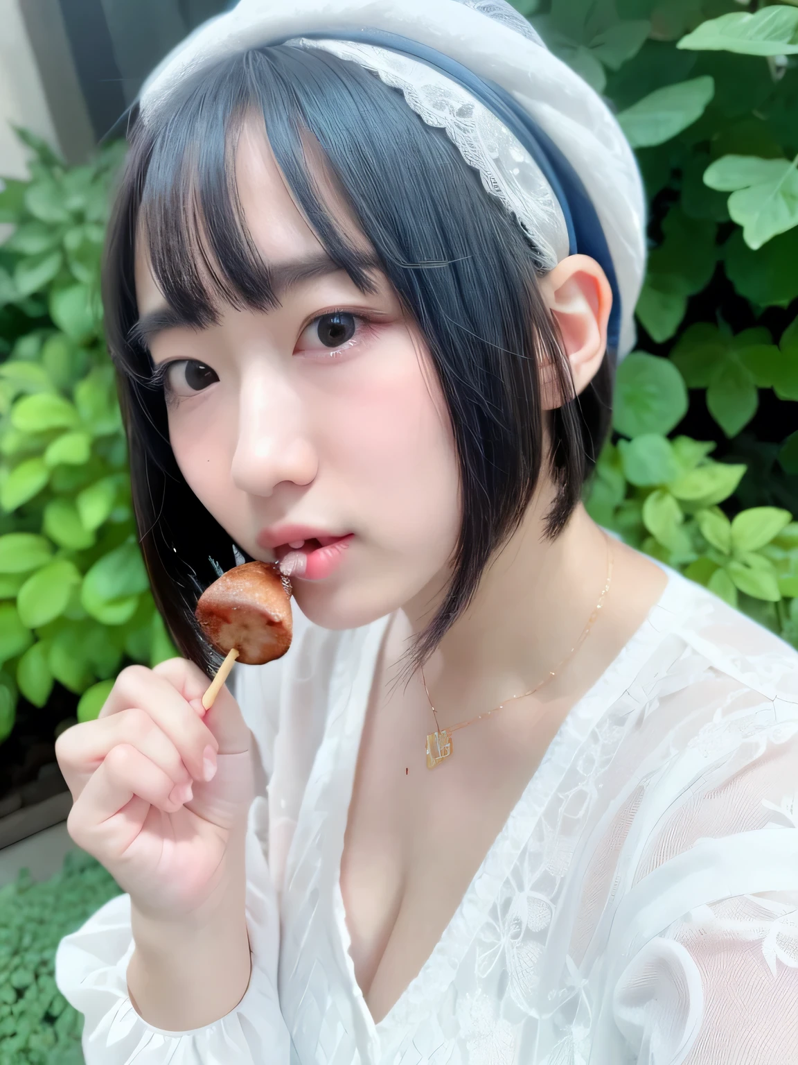 Draw from the waist up. She is holding a thick sausage on a skewer with both hands and biting into it. One woman. She is wearing a plain white bra. Beautiful small breasts. wearing white panties, she blushes shyly.  20 years old, 8k, RAW Portrait , photorealistic, ultra high resolution, top quality , realistic pictures of the garden , dramatic, A VERY BEAUTIFUL JAPANESE GIRL , girl glamour shot , Shorthair, textured skin, closed mouse, (smile:0.7), blue-white skin, bangs, big, beautiful, detailed eyes , black hair, beautiful detailed nose, ( flat chest: 0.5).