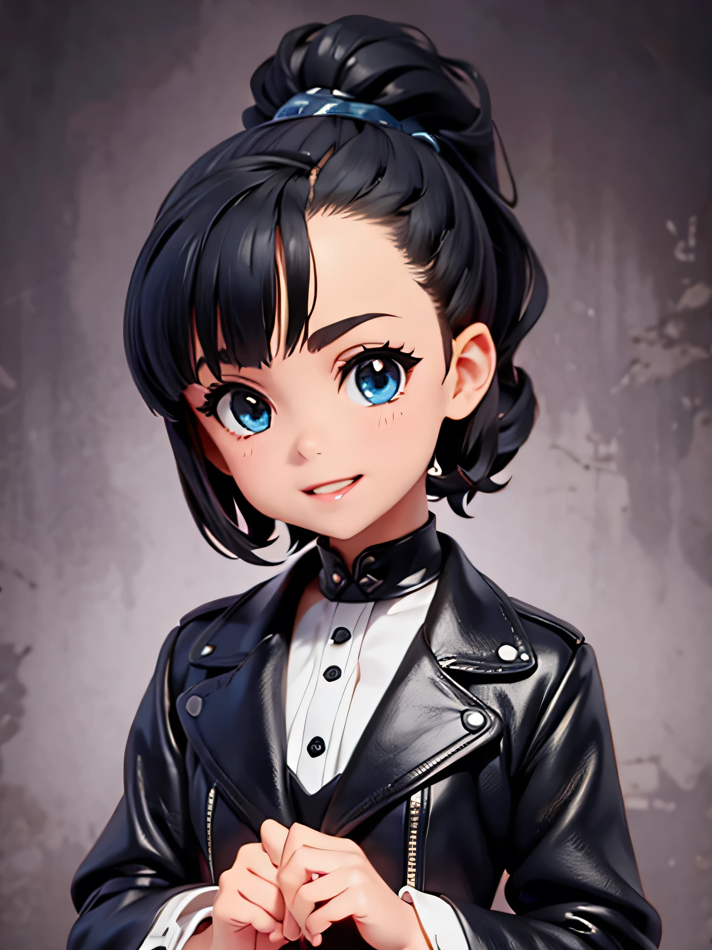 (((Very tiny 8year old Marnie))), (((big lips))), (((thick lips))), dark blue eyes, short hair, black hair, teeth, wide mouth, (((tiny body))), open mouth,ponytail, ((cute smile)), ((spooky forest)), black jacket, ((from under)), knife