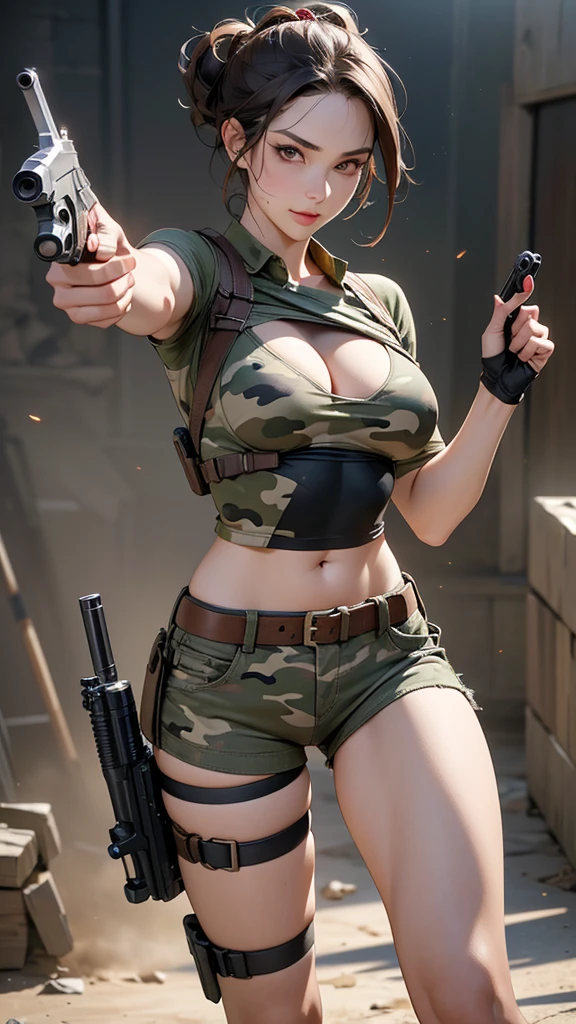 (action, dynamic composition with a sense of speed and dynamism, incredibly absurdres), Solo, female, beauty female treasure hunter, 27yo,  (Firing a hand gun , shooting:1.6), brown hair, shot updo, perfect beauty face, smirky facial, detailed eyes, cleavage, athlete figure, abs, detailed skin texture, a camouflage top, a camouflage short pants with tactical belt, fingerless grooves, gun holster, knife holster, rope , nsfw, best quality, incredibly absurdres, RAW photo, extremely detailed, 8k CG, uncompromising description of art, perfect anatomy, anatomically correct rendering, realistic, photorealistic, treasure, ancient , background of a ruined temple in amazon ,treasure hunting ,