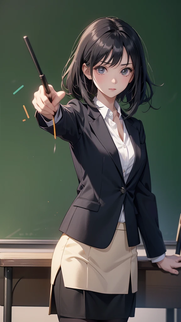 Anime style, sharp, high contrast and highly detailed. Ghibli anime style. Perfect anatomy. Perfect body ratio. No oversized head. No blurry, out of focus pictures. No simple background, no single color background. Small head.
sadayo_kawakami is standing in a classroom in front of a blackboard. She is wearing a dark blazer, a shirt and a pencil skirt. She is pointing to a formula written on the blackboard using a stick. She is a teacher teaching math class.
 full body.