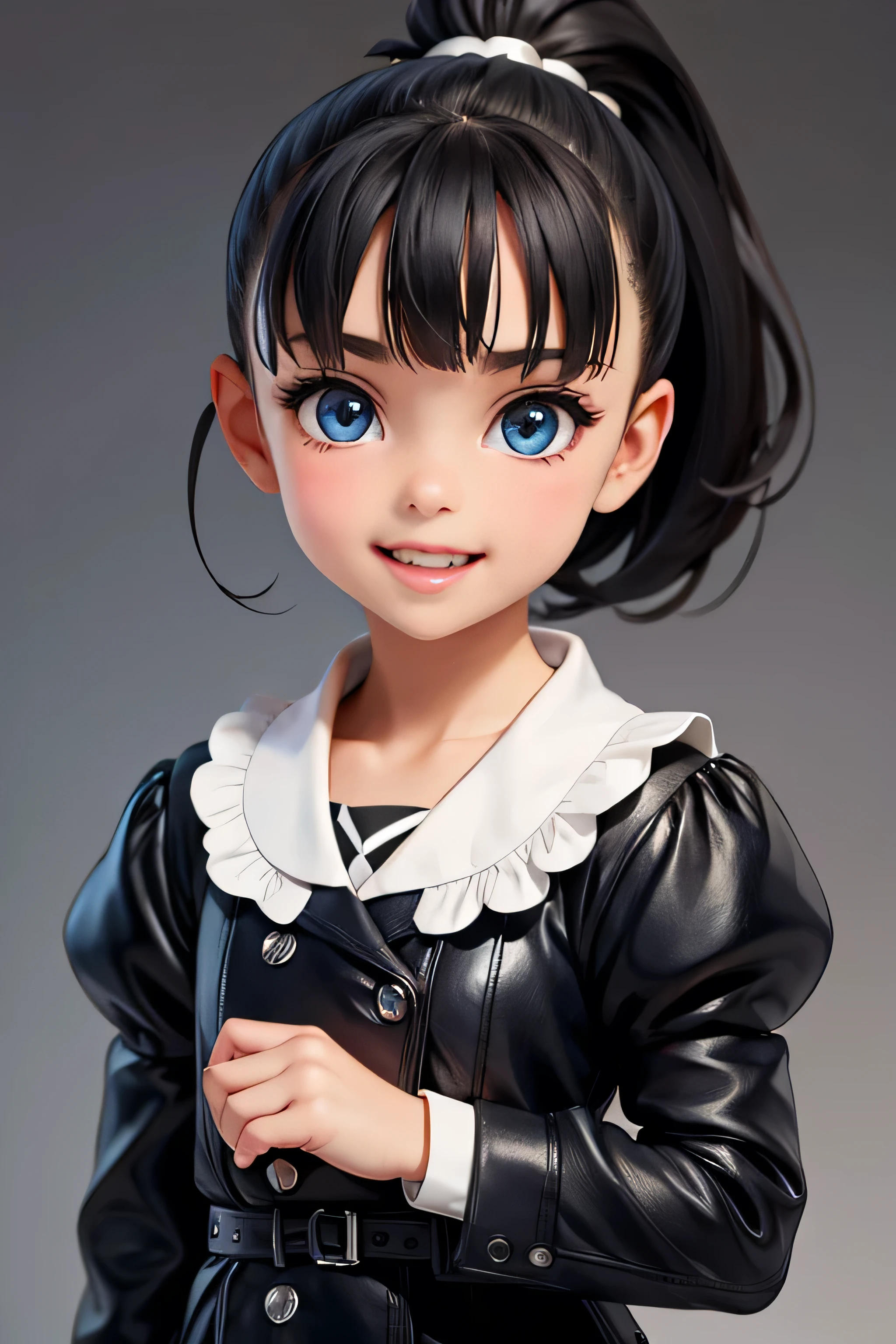 (((Very tiny 8year old Marnie))), (((big lips))), (((thick lips))), dark blue eyes, short hair, black hair, teeth, wide mouth, (((tiny body))), open mouth,ponytail, ((cute smile))