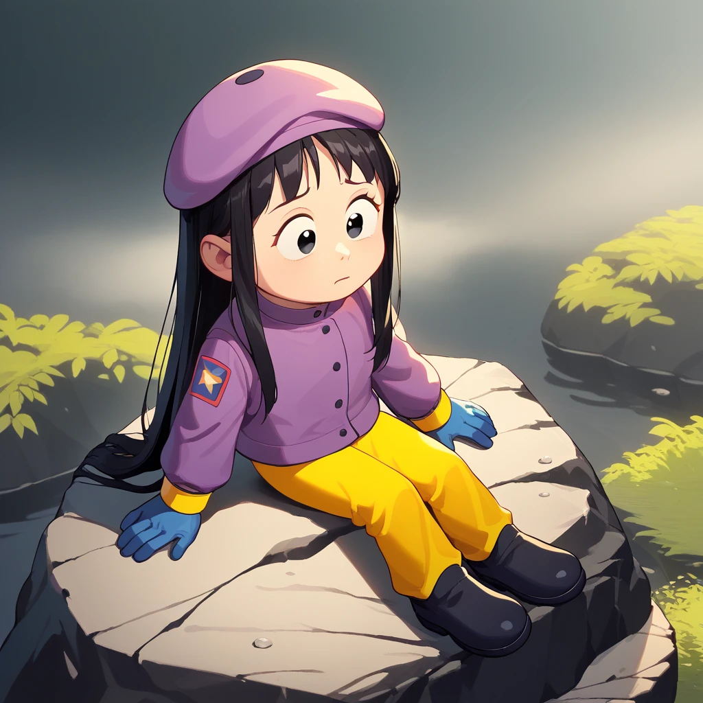 score_8_up, BREAK, WendyTestaburger, 1girl, solo, black hair, long hair, black eyes, beret, jacket, yellow pants, navy gloves, black footwear, outdoors, sitting on rock, opened jacket, layered clothing