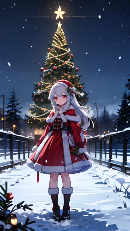 Christmas illuminations, Christmas tree,it's snowing,girl dressed as Santa alone outside, her silver hair, ears and flowers turning red from the cold, anime, anime style,  atmospheric perspective, UHD, retina, masterpiece, accurate, anatomically correct, super detail , high details, high quality, best quality, highres, 1080P, 16k