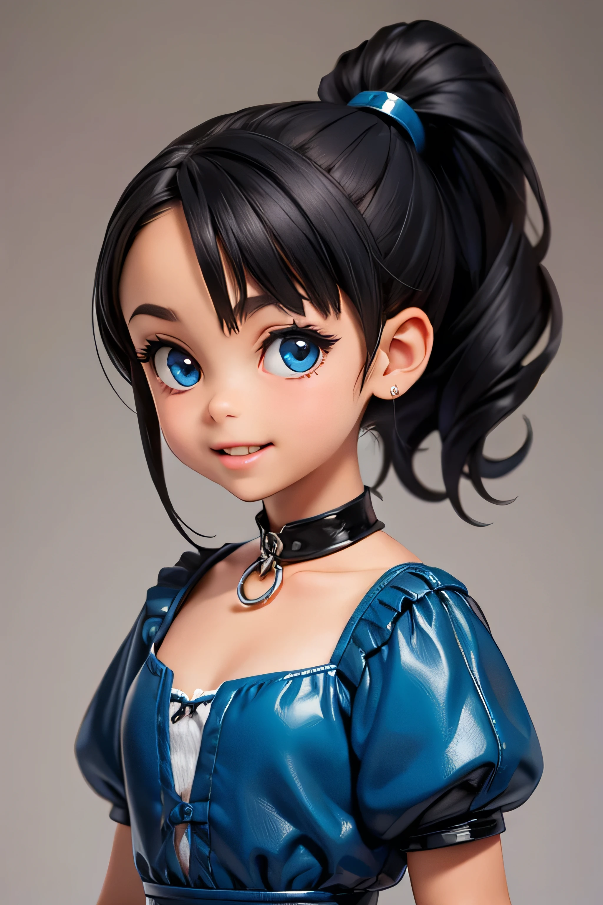 (((Very tiny 8year old Marnie))), (((big lips))), (((thick lips))), dark blue eyes, short hair, black hair, teeth, wide mouth, (((tiny body))), open mouth,ponytail, ((cute smile)), cleavage,