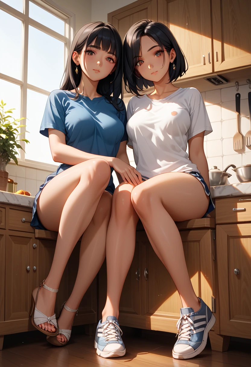 (maximum quality、8k、 masterpiece :1.3)、Beautiful Women With Perfect Body:1.4、 black hair、cups、wearing just a basic black t-shirt、nerd, in a kitchen、extremely detailed face and skin、A detailed look、 looking at the viewer, thin eyebrows、 medium breasts、 thick thighs ,beautiful knees,Model pose