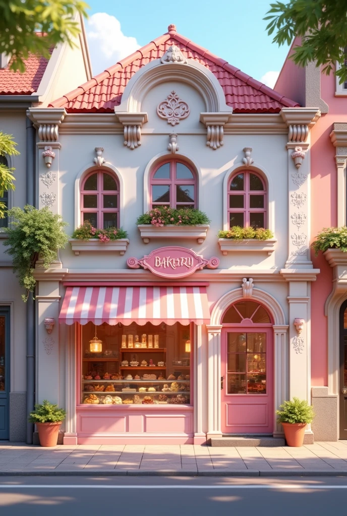 A bakery with main colors of pink and white seen from the outside