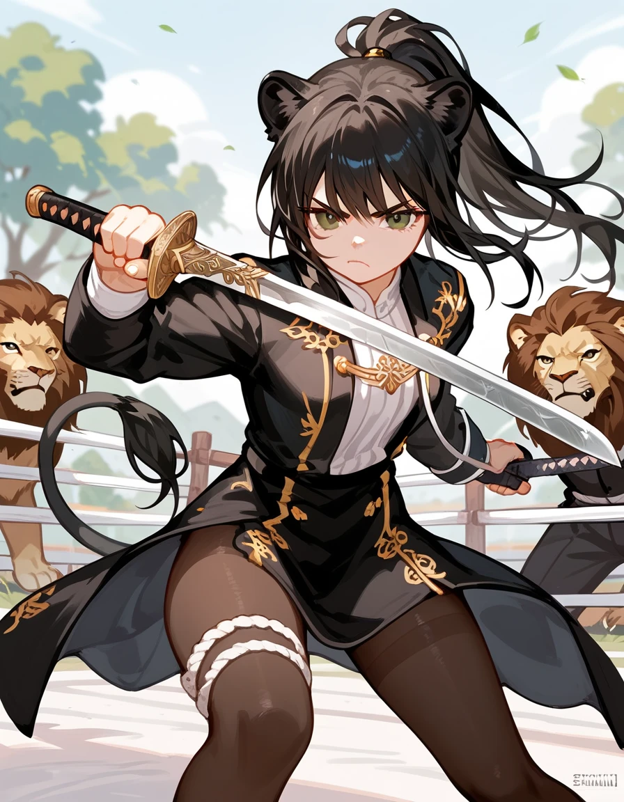 alone,Lion girl , black hair,Long hair,cute, with lion tail , in black eyes, wound fabric on leg,Black suit, pantyhose,Have a sword, Medium Chest , Serious Face ,thigh,cute, Ponytail,Fencing,