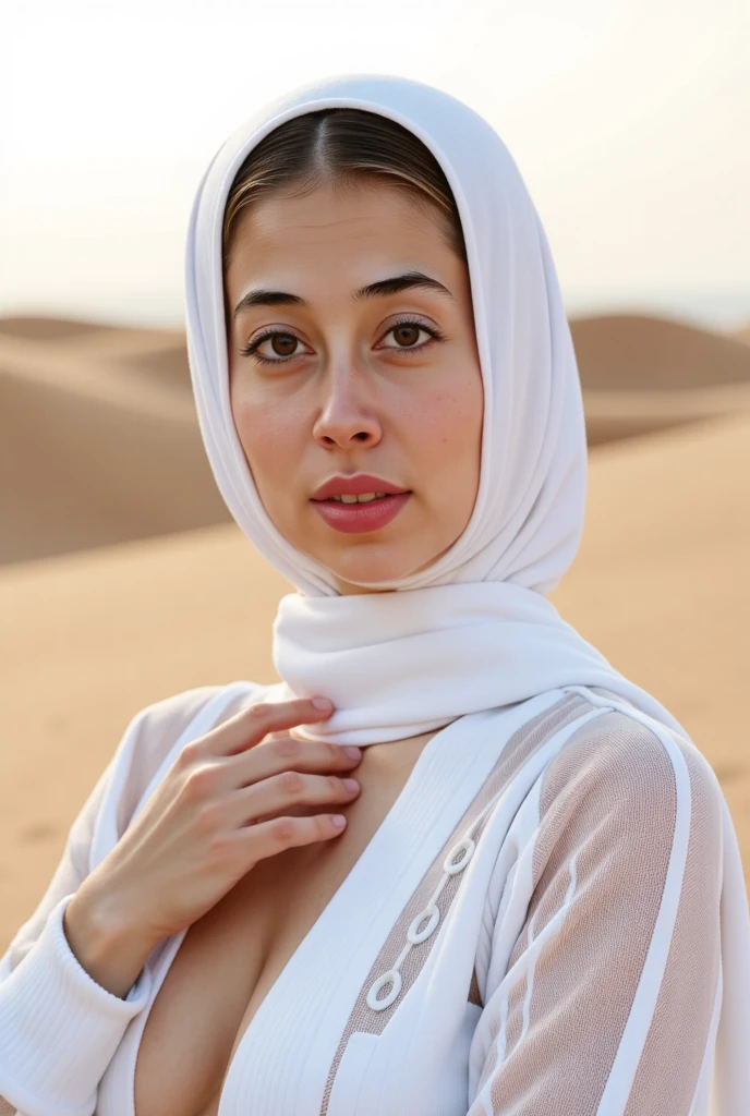 glowing white skin, beautiful face, veiled, Moroccan tribal theme, silver jewelry, ((crystal clear bright hazel eyes:1.2)), detailed eyes, beautiful masterpiece, UHD, 8K)), Depth of field, sand dunes, cleavage, large breasts, focus on eyes, breasts popping out, detailed skin, texture skin, sexy shoulders, golden hour, highly detailed skin, long eyelashes, black mascara, perfect face, sheer djellaba, long abaya, flowing, blowing, shimmering, bbw, curvy, iridescent
