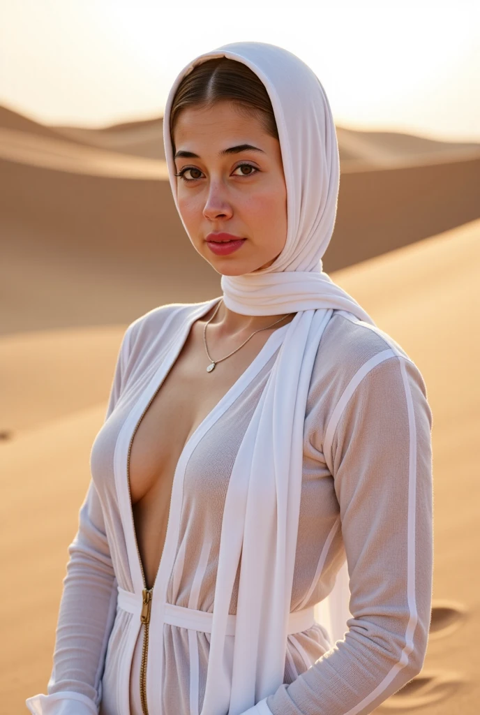 glowing white skin, beautiful face, veiled, Moroccan tribal theme, silver jewelry, ((crystal clear bright hazel eyes:1.2)), detailed eyes, beautiful masterpiece, UHD, 8K)), Depth of field, sand dunes, cleavage, large breasts, focus on eyes, breasts popping out, detailed skin, texture skin, sexy shoulders, golden hour, highly detailed skin, long eyelashes, black mascara, perfect face, sheer djellaba, long abaya, flowing, blowing, shimmering, bbw, curvy, iridescent
