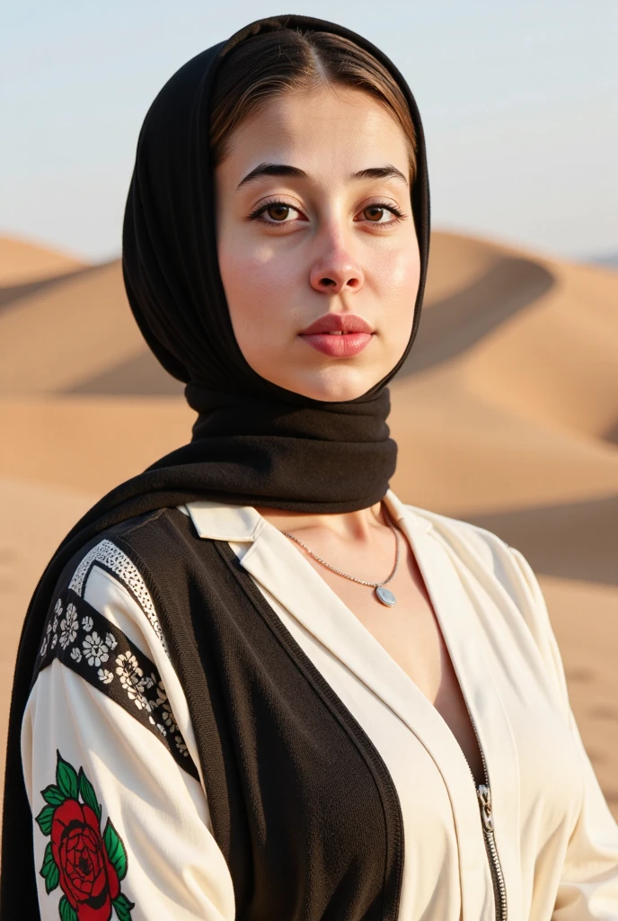 glowing white skin, beautiful face, veiled, Moroccan tribal theme, silver jewelry, ((crystal clear bright hazel eyes:1.2)), detailed eyes, beautiful masterpiece, UHD, 8K)), Depth of field, sand dunes, cleavage, large breasts, focus on eyes, breasts popping out, detailed skin, texture skin, sexy shoulders, golden hour, highly detailed skin, long eyelashes, black mascara, perfect face, sheer djellaba, long abaya, flowing, blowing, shimmering, bbw, curvy, iridescent
