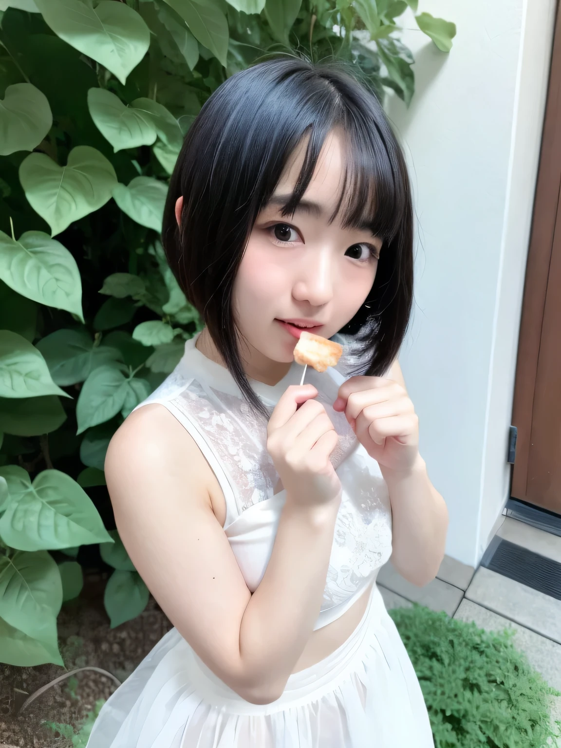nsfw. Draw from the waist up. She is holding a thick sausage on a skewer with both hands and biting into it. One woman. topless. Beautiful small breasts. wearing white panties, she blushes shyly. 20 years old, 8k, RAW Portrait , photorealistic, ultra high resolution, top quality , realistic pictures of the garden , dramatic, A VERY BEAUTIFUL JAPANESE GIRL , girl glamour shot , Shorthair, textured skin, closed mouse, (smile:0.7), blue-white skin, bangs, big, beautiful, detailed eyes , black hair, beautiful detailed nose, ( flat chest: 0.5).