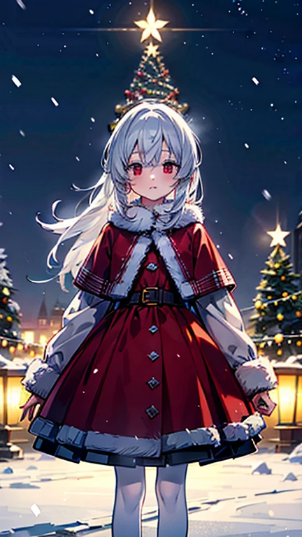 Christmas illuminations, Christmas tree,it's snowing,girl dressed as Santa alone outside, her silver hair, ears and flowers turning red from the cold, anime, anime style,  atmospheric perspective, UHD, retina, masterpiece, accurate, anatomically correct, super detail , high details, high quality, best quality, highres, 1080P, 16k