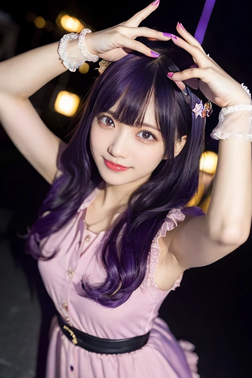 ai hoshino, Hair between the eyes, Long Hair, One side up, (Purple eyes:1.1), Purple Hair, Rabbit hair accessory, (Star-shaped pupils:1.5), Symbol-shaped pupil, Baseball cap, Have, Food, Foodie, Long sleeve, Puffy sleeves, white Foodie, smile, Street background, Are standing, whole body, Portraiture, Looking at the audience,
