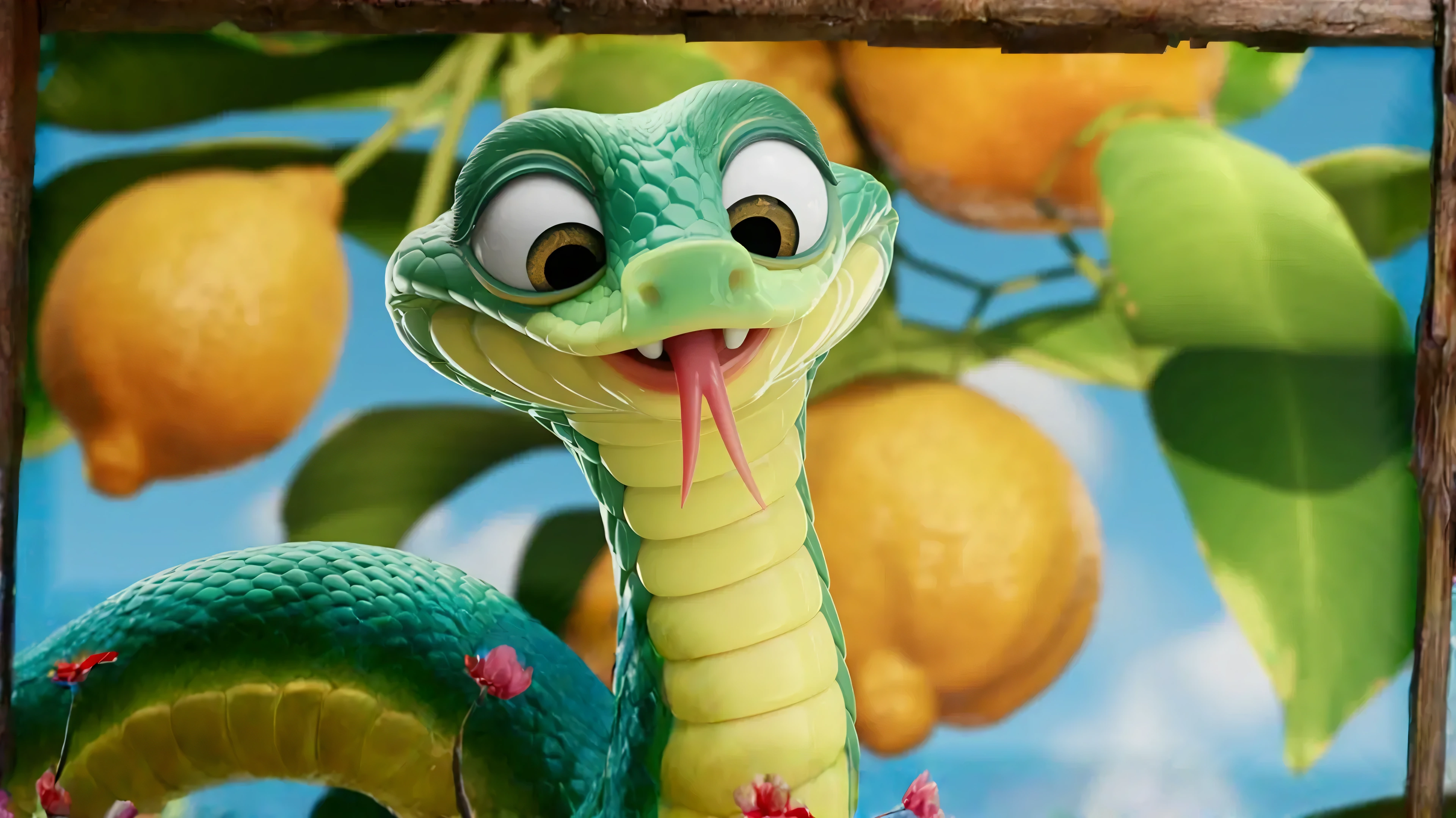 Style: Inspired by Disney-Pixar style films and promotional posters, with a focus on vibrant emotions and magical details. The setting is simple and welcoming, highlighting the characters and central action.
Central Character:
Description: The image features a green snake with a cheerful and friendly expression, looking directly at the viewer, with its forked tongue sticking out. Its texture is detailed, with scales that reflect the light. In the background, there are yellow lemons hanging from a branch, complemented by vibrant green leaves. The backdrop is a clear blue sky, suggesting a sunny environment. The existing frame and text add a like tone, but were not part of the brief for consideration in the redesign.