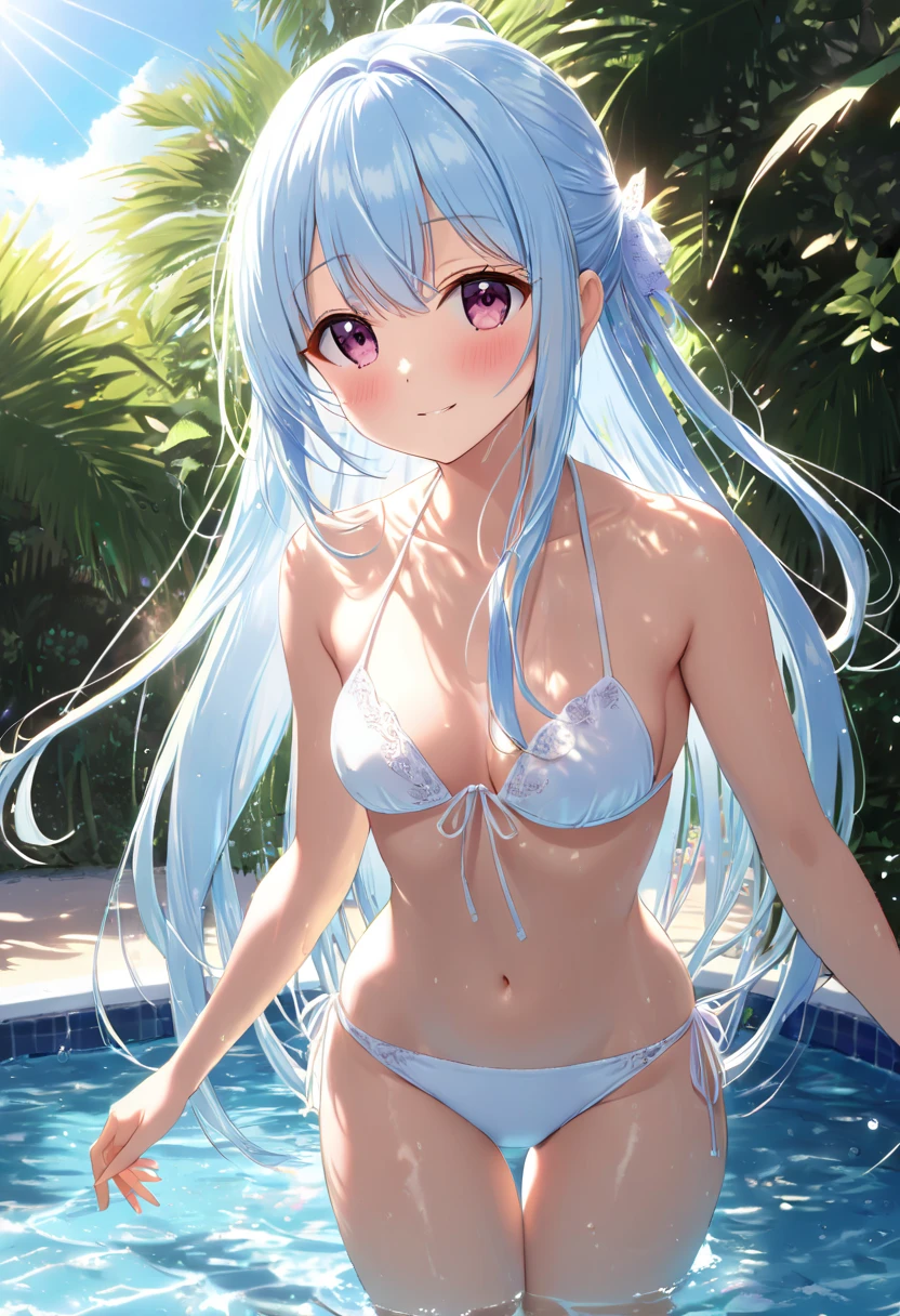 masutepiece, Detailed, Best Quality, Beautiful Girl, very small lace translucent bikini, Shackles, stock, Troubled face, big pool (prison), sexy girl 1girl in, aqua from konosuba character, female, Blunt bangs, Big breasts, Amused expression, Looking at Viewer, big butt, mature body, very big , dark pink eyes, small thong, big butt, full body picture, cameltoe, lace lingerie, nsfw, spreading legs