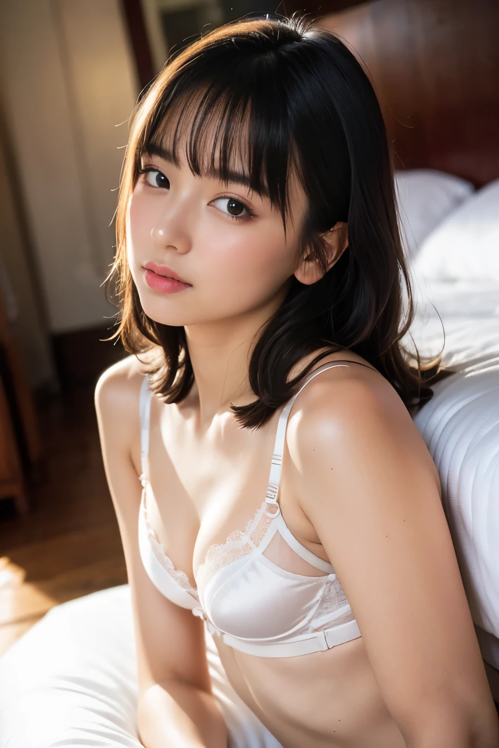 highest image quality taken by Ki, Masterpiece, 8k, ROW,(( Beautiful girl lying down on a bed in a dim bedroom and feeling limp:1.3)), pretty girl wearing a lace robe is wearing silky white lace lingerie, Luxuriously furnished bedroom, ((Beautiful girl's skin is sweaty and shiny:1.3)), Pretty girl's hair is messy, (The pretty girl's cheeks are slightly red), Slightly tired look after ecstasy, ( small bulges on my nipples that stand out from my silk lace bra:1.3), I'm wearing a silk lace robe