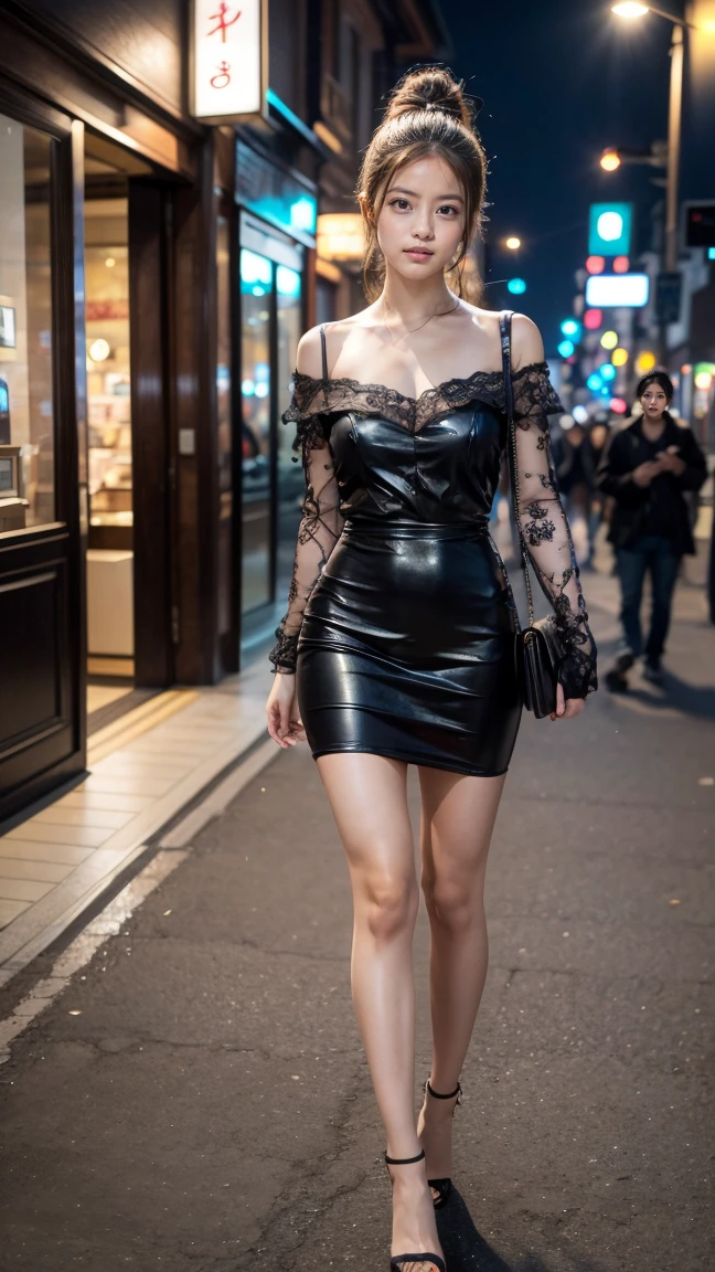 a beautiful young Japanese woman, 24 years old, with healthy thighs, beautiful legs, flawless skin, random hair color and hairstyle, large breasts, a hostess wearing a hostess dress, high heels, (she is standing:1.2), full body shot, holding a purse in one hand, on a busy city street at night, (best quality,4k,8k,highres,masterpiece:1.3),(extremely detailed:1.2),detailed anatomy,photorealistic,vibrant colors, dramatic lighting　, Mio Imada