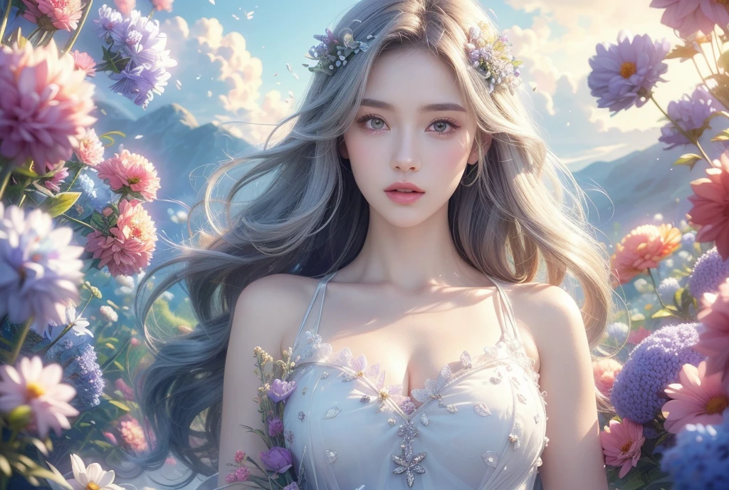 (best quality,4k,8k,highres,masterpiece:1.2),ultra-detailed,(realistic,photorealistic,photo-realistic:1.37),(1girl),beautiful detailed eyes,beautiful detailed lips,extremely detailed eyes and face,longeyelashes,dreamy expression,bright smile,(fractal art:1.3),colorful,highest detailed,aesthetic attire,huge breasts,flowing dress,expressive hands and fingers,soft and flowing hair,shimmering highlights, (studio lighting, vibrant colors),surreal background,blurred foreground,ethereal atmosphere, (symmetry, harmony),intricate patterns, (vivid colors, vibrant hues), (bokeh, soft focus),glowing light, (magic, fantasy),sense of movement, (dream-like, poetic), (atmospheric, enchanting), (magical realism), (dreamy, captivating),the girl is surrounded by floating flowers, (delicate, elegant), (mystical, otherworldly), (romantic, whimsical),she is standing barefoot on a meadow, (nature, serenity),butterflies and birds flying around, (playful, free-spirited),sunlight streaming through the trees, (warm, inviting), (serene, peaceful),the girl is gently holding a glowing orb, (mysterious, powerful), (universal, timeless),the overall color palette is vibrant and harmonious, (pastel shades, soft tones), (contrast, balance),capturing a moment of pure beauty and magic, (inspiring, breathtaking).