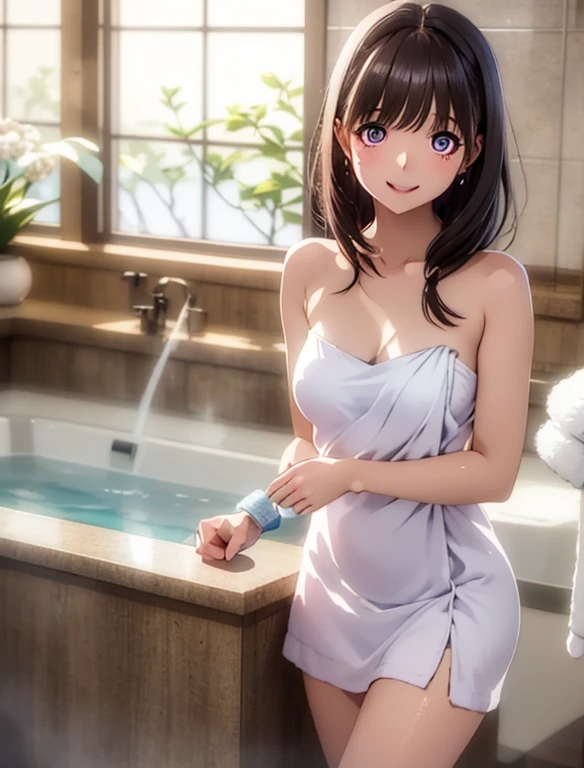    high definition  ,In 8K, best quality, Details, semi-realistic anime , D Anime Style , Smooth Anime CG , One Girl , 19-year-old Japanese woman, slim,modeling,((輝く瞳)),(Maroon Glowing Hair ), pink lips, Shiny brown hair, Detailsな顔,Beautiful and  Details,(( Deep Blue-Purple Sparkling Eyes )),( close their mouth ),(Laughter),((Fluffy white bath towel )),(( body towel wrap )),( marble tile ),  sunlight shining through a tall glass window,(( wearing only a towel )),(( private beach)),