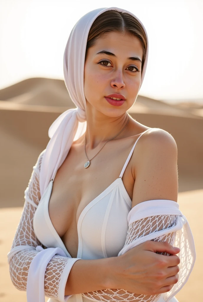 glowing white skin, beautiful face, veiled, Moroccan tribal theme, silver jewelry, ((crystal clear bright hazel eyes:1.2)), detailed eyes, beautiful masterpiece, UHD, 8K)), Depth of field, sand dunes, cleavage, large breasts, focus on eyes, breasts popping out, detailed skin, texture skin, sexy shoulders, golden hour, highly detailed skin, long eyelashes, black mascara, perfect face, sheer djellaba, long abaya, flowing, blowing, shimmering, bbw, curvy, iridescent, full body, show feet, show legs
