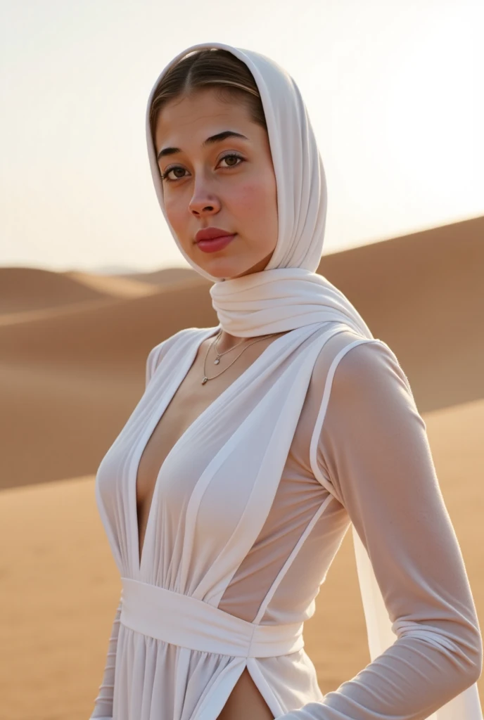 glowing white skin, beautiful face, veiled, Moroccan tribal theme, silver jewelry, ((crystal clear bright hazel eyes:1.2)), detailed eyes, beautiful masterpiece, UHD, 8K)), Depth of field, sand dunes, cleavage, large breasts, focus on eyes, breasts popping out, detailed skin, texture skin, sexy shoulders, golden hour, highly detailed skin, long eyelashes, black mascara, perfect face, sheer djellaba, long abaya, flowing, blowing, shimmering, bbw, curvy, iridescent, full body, show feet, show legs
