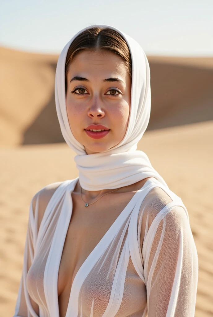 glowing white skin, beautiful face, veiled, Moroccan tribal theme, silver jewelry, ((crystal clear bright hazel eyes:1.2)), detailed eyes, beautiful masterpiece, UHD, 8K)), Depth of field, sand dunes, cleavage, large breasts, focus on eyes, breasts popping out, detailed skin, texture skin, sexy shoulders, golden hour, highly detailed skin, long eyelashes, black mascara, perfect face, sheer djellaba, long abaya, flowing, blowing, shimmering, bbw, curvy, iridescent, full body, show feet, show legs
