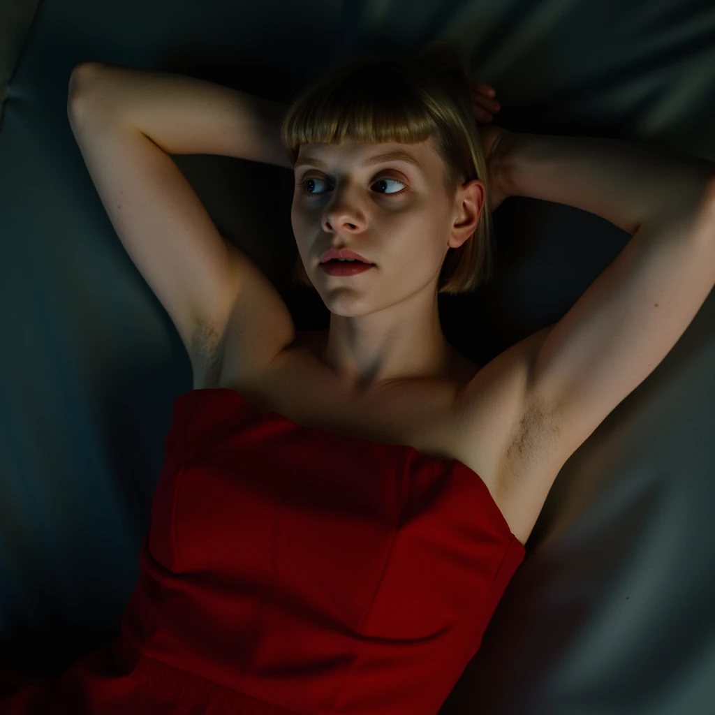 Aurora Askens, picture from above, lying  limp on a bed on back, red strapless dress, drunk face, arms up