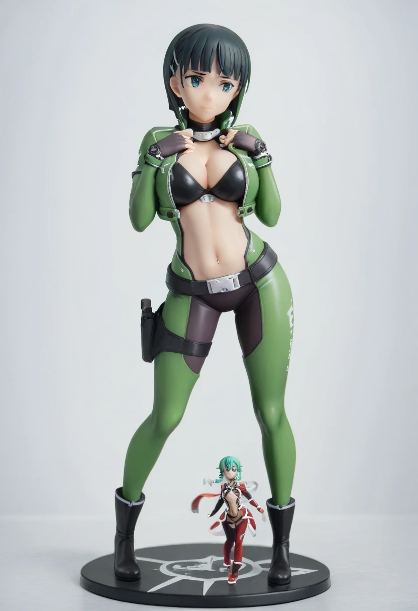 pt，suguha, Figure， glossy black and green coloring near-future survival game reverse bodysuit with lots of exposure ， indicators that light up everywhere on the bodysuit  ,女の子の Figure ，suguha，breast，Belly button， stomach are exposed， cleavage，Lower abdomen，The inner thigh is exposed，holster，standing , fullbody , toe， big sci-fi game guns , boots, Sinon's Bodysuit 