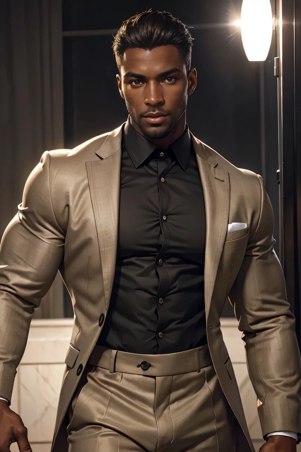 handsome black male, dark skin, , elegant suit, looking at the viewer, beautiful face, attractive face, model face, male face, detailed eyes, light brown eyes, muscle body, extremely detailed face, hyper detailed, realistic, photorealistic, 8k, high quality, studio lighting, detailed male body