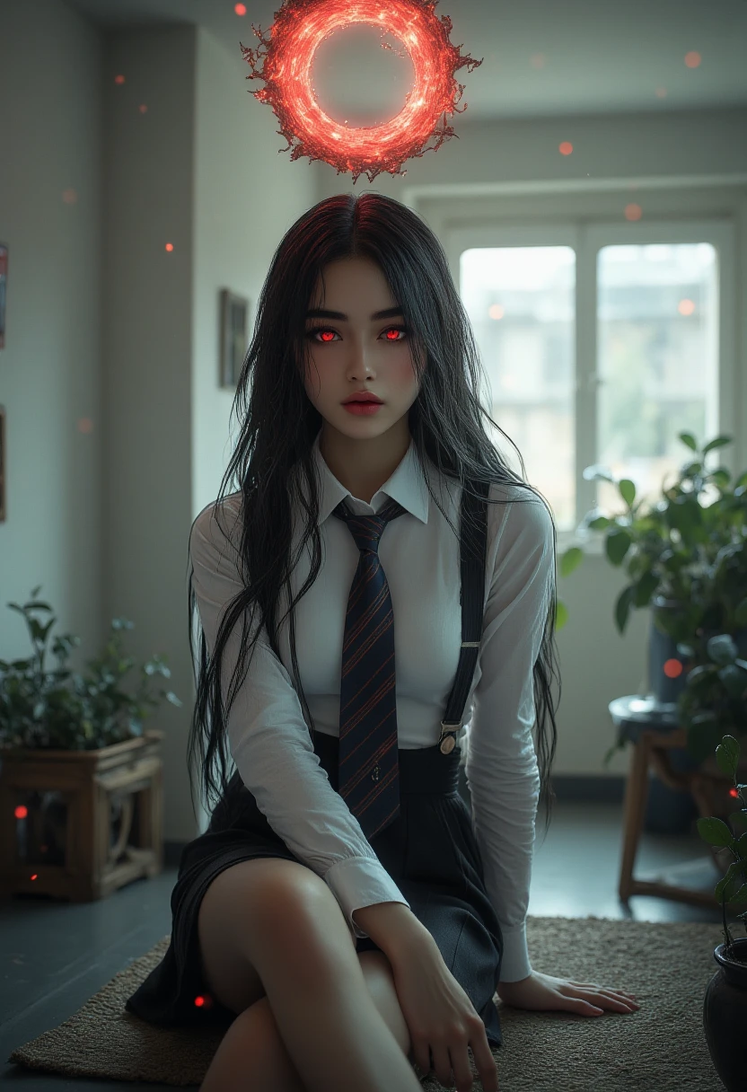 photo realism,Noir,best quality,highly detailed,1girl,long black hair,red eyes,white shirt,black suspender skirt,striped tie,relaxed pose,head resting on hand,crossed legs,bright window light,minimalistic room,red halo symbol,soft shadows,mysterious atmosphere,clean composition, (How to incorporate noise into illustration details:0.2)
