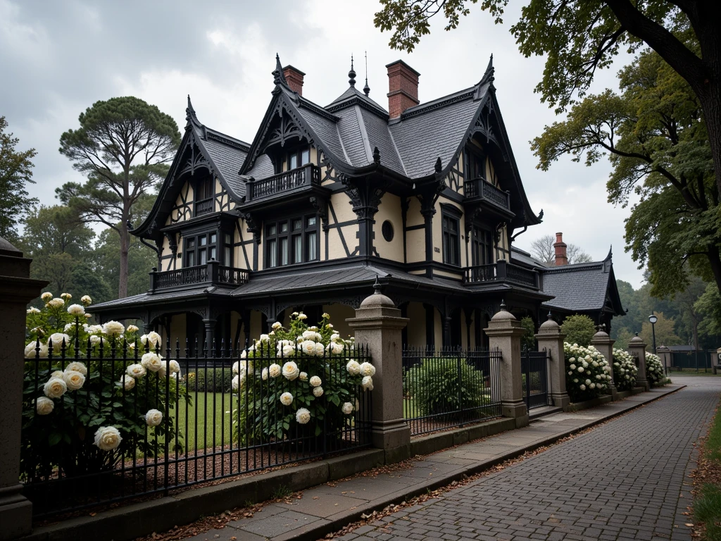 сгенерируй фото в стиле картины по этотому описанию: 19th century, private house with flower beds of white rose bushes, luxurious fence, large and spacious two-story house, style: dark baroque, dark core, black roof, 19th century, serious, a bit gloomy, strict style, black fence, balcony on the second floor, cloudy weather, black trees, sad bark.